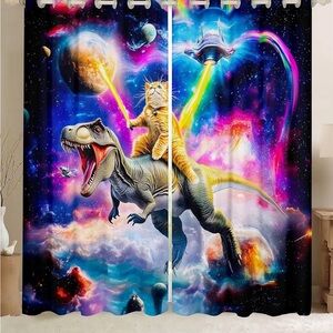 2 panel 42” x 84” Galaxy Cat Riding Dinosaur Curtain - Neon Space Print